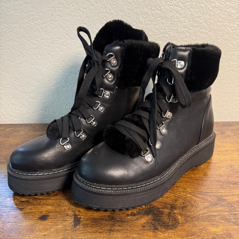 Nicole Miller Leather Combat Lace Up‎ Boots Faux Fur Women's Mid Calf Sz. 9